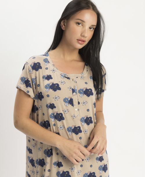 כותונת שינה ופנאי Florence בצבע גוף עם הדפס פרחים כחולים