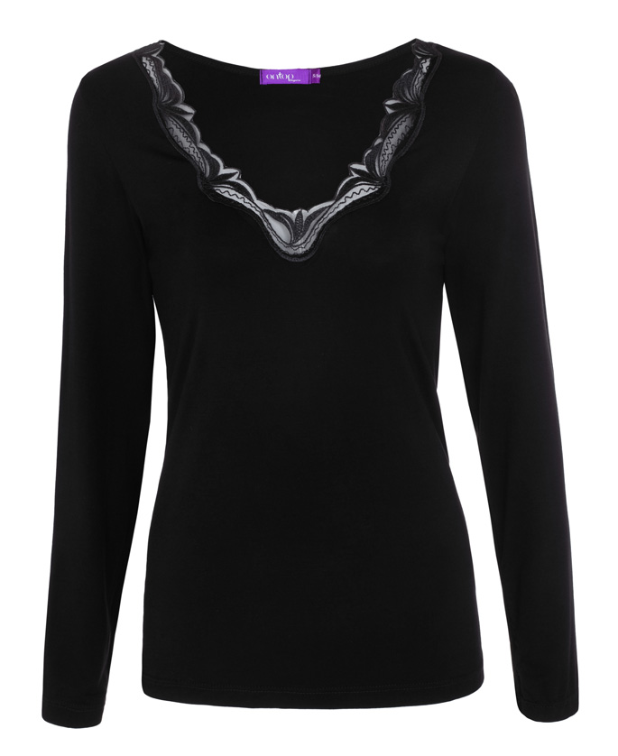 גופיית Lora שרוול ארוך עם מפתח ״וי״ ועיטור תחרה בצבע שחור