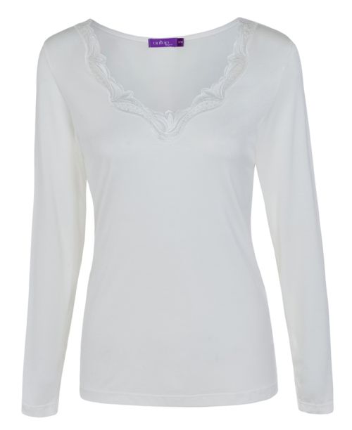 גופיית Lora שרוול ארוך עם מפתח ״וי״ ועיטור תחרה בצבע לבן