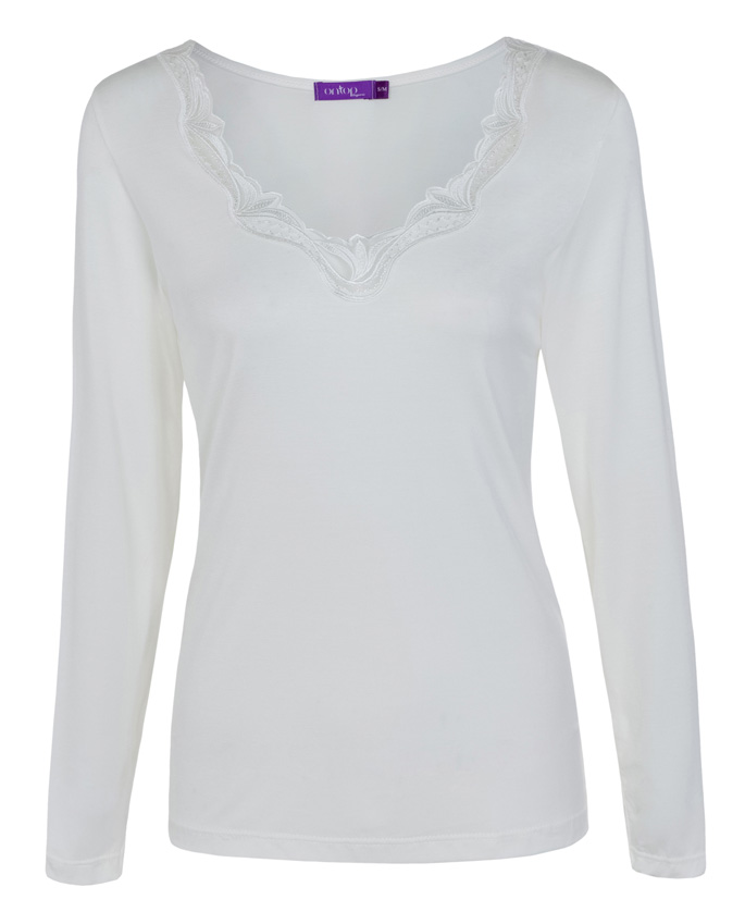 גופיית Lora שרוול ארוך עם מפתח ״וי״ ועיטור תחרה בצבע לבן