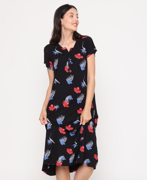 כותונת שינה ופנאי Kolo שחורה עם הדפס פרחים