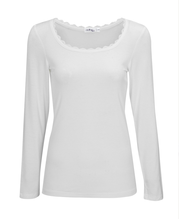 גופייה שרוול ארוך בצבע לבן עם עיטור תחרה