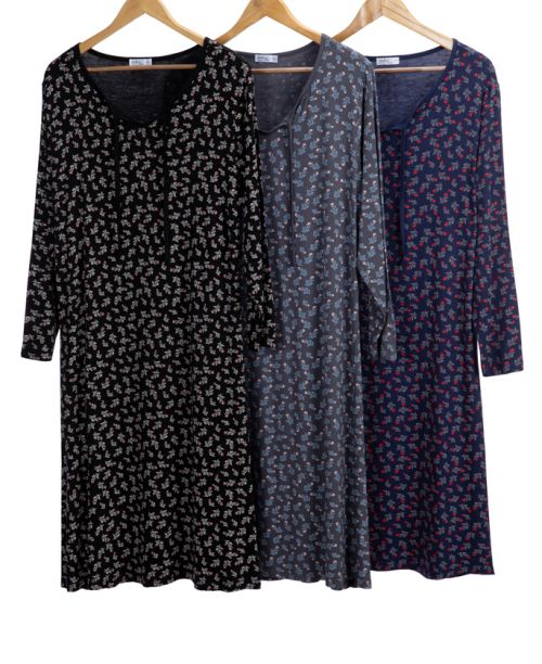 שלישיית כותונת שינה ופנאי Cherry שרוול ארוך בצבע כחול אפור ושחור